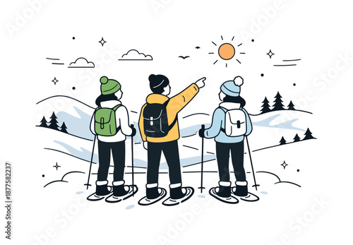 Snowshoeing Scenic View. Friends snowshoeing scenic view. Friends standing at a snowy viewpoint looking at hills and sky. Sense of calm, freshness, and shared
