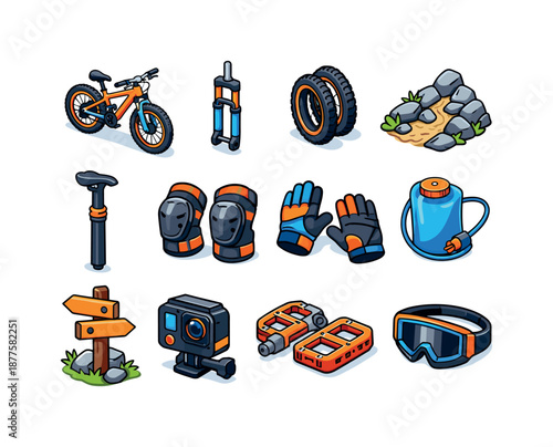 Mountain Biking Icons. Mountain biking. Colorful isometric vector icons set of mountain biking: trail bike, suspension fork, rugged tires, rocky trail, dropper