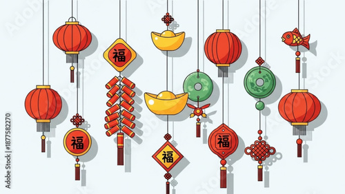 Vibrant chinese new year decorations with lanterns coins and symbols hanging on strings against a white background conveying prosperity and celebration