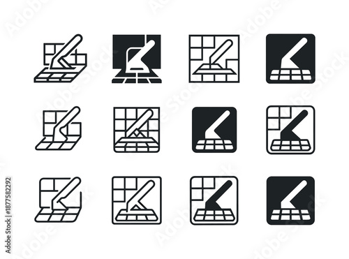 Kitchen Backsplash Icons. Installing a backsplash in the kitchen. Icon set. Set Logo of installing a backsplash in the kitchen: tile cutter. harmonious logo