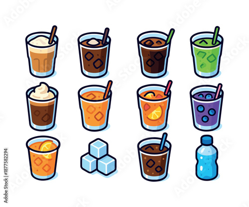 Colorful Iced Drink Icons. Iced drinks. Colorful isometric vector icons set of iced drinks: iced latte, iced americano, cold brew, iced matcha, iced chocolate,