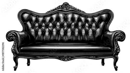 A regal, button-tufted black leather sofa with intricate carved detailing and curved arms