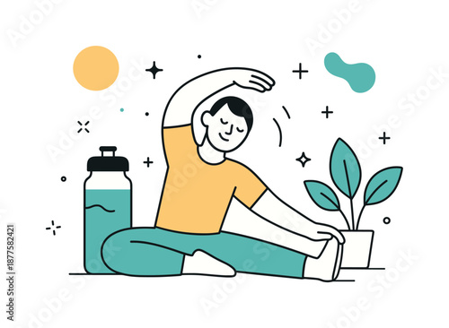 Mindful Morning Routine. Healthy lifestyle balance. A calm scene of a person stretching next to a water bottle and leafy plant, starting the day with mindful