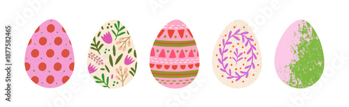 Easter egg designs set. Painted decorated dyed symbols with floral, geometric, polka dot, splash patterns. Traditional catholic holiday ornaments. Flat vector illustration isolated on white background