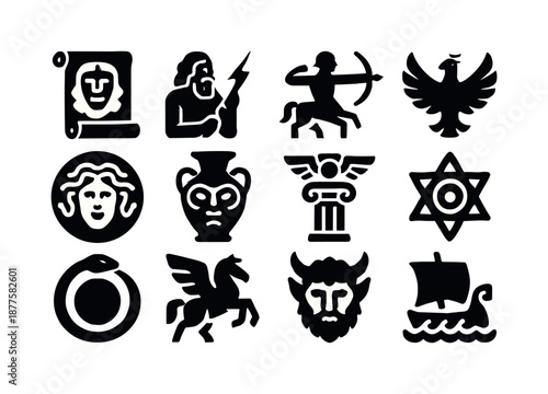 Iconic Mythology Logos. Religious myths and their cultural importance. Icon set. Set Logo of Religious myths and their cultural importance: Ancient myth