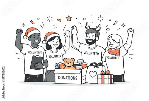 Holiday Volunteer Celebration. Volunteering during holidays joy. Volunteers smiling and celebrating after helping others. Sense of fulfillment, gratitude, and