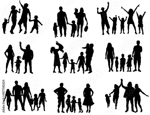 vector silhouettes of people ,silhouette of family kids with their parents, collection ,character ,set 