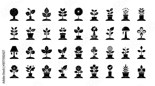 Diverse set of plant icons, including potted plants, seedlings, and blossoming flowers, in a modern black silhouette style.