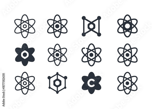Carbon Icon Variations. Carbon. Icon set. Set Logo of carbon: carbon atom model. harmonious logo variations of the same emblematic concept, each with different