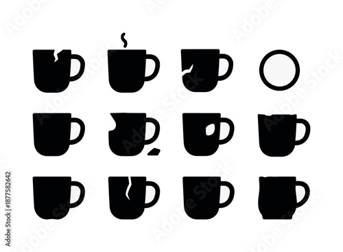 Chipped Mug Icons. Chipped Mug. Solid icon set of chipped mug: cracked mug rim, broken ceramic chip, handle fracture, coffee stain ring, steam wisp, mug