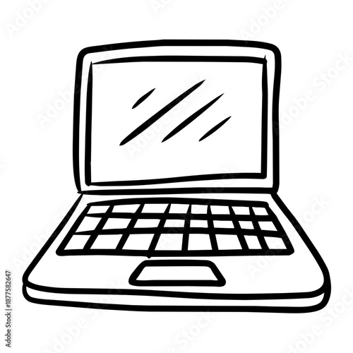 simple black and white hand-drawn doodle illustration of an open laptop or notebook computer. Minimalist line art vector isolated on white background.