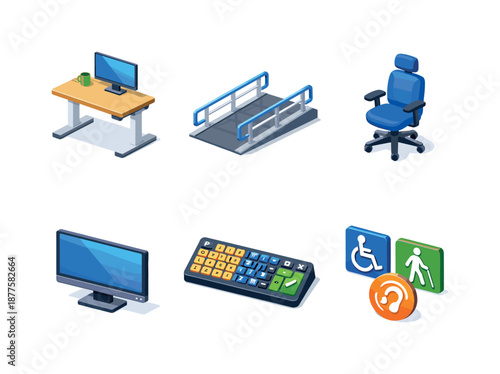 Accessible Office Icons. Accessible office. Isometric flat vector icons set of Accessible office: adjustable desk, wheelchair ramp, ergonomic chair, large