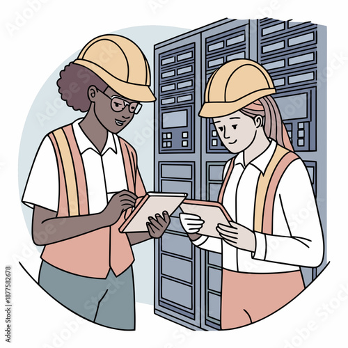 Two female technicians collaborate on data center operations, reviewing systems with tablets. An illustration depicting two diverse female technicians, wearing safety hard hats and high-visibility ves