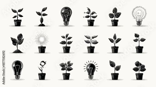 Grayscale illustrations of growing plants in pots and creative light bulb concepts, symbolizing business growth, innovation, and sustainability.