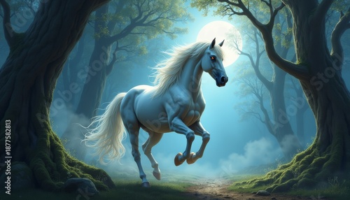 Majestic white horse galloping through mystical forest at night  