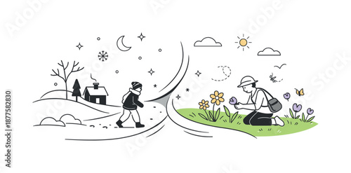 Snow to Spring Transition. Seasonal change concept from snow to spring. Minimal landscape elements with snow on one side and early spring flowers on the other,