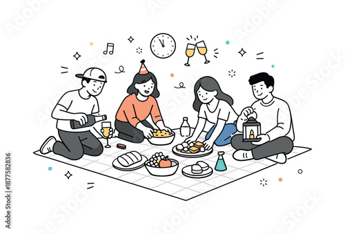Casual New Year Picnic. Casual New Year?s Eve picnic. Friends arranging food and drinks on a blanket, simple preparation and light festive mood without rush.