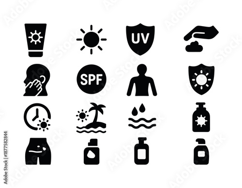Sunscreen Icon Set. Applying sunscreen. Solid icon set of applying sunscreen: sunscreen tube, sun icon, UV shield, hand applying lotion, face application, SPF