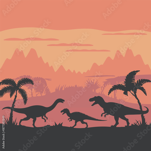Three dinosaur silhouettes standing on ground with palm trees under sunset sky