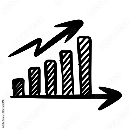 Hand drawn doodle of rising bar graph with arrow, growth and success concept illustration.