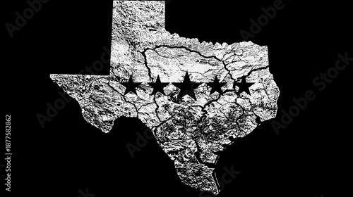 Grungy Texas State Map Outline with Five Stars and Cracked Earth Texture on Black Background