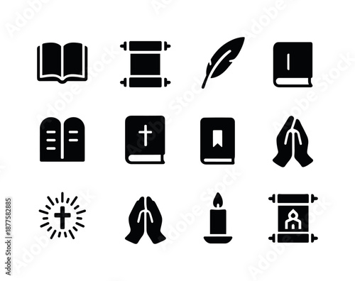Sacred Icons Collection. Sacred texts. Solid icon set of sacred texts: open book, scroll, feather quill, tablet icon, gospel, bookmark, holy rays, prayer