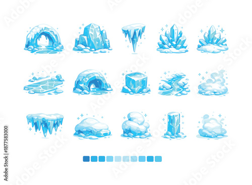 Colorful Ice Cave Icons. Ice caves. Colorful flat vector icons set of ice caves: icy archway, blue ice wall, frozen stalactite, frost crystals, slippery ice