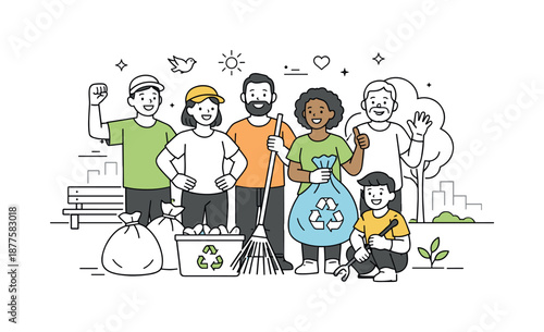 Community Cleanup Triumph. Community clean-up success. Volunteers smiling after finishing the work with clean surroundings. Feeling of achievement and shared