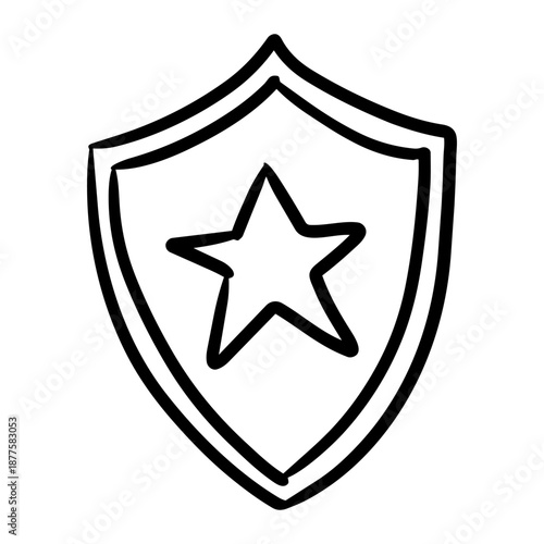 Hand drawn shield with star icon, security and protection symbol doodle.