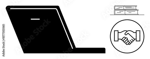 Digital connectivity concept. Digital connectivity ed by a laptop, handshake, and books, emphasizing collaboration, remote learning, and technologys role in modern interactions. Ideal