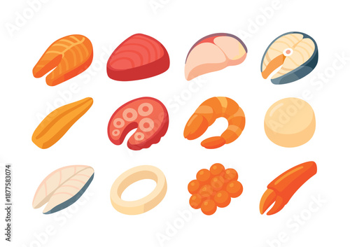 Vibrant Fish Cuts Icons. Fresh Fish Cuts. Colorful flat vector icons set of fresh fish cuts: salmon fillet, tuna fillet, yellowtail slice, mackerel cut, eel
