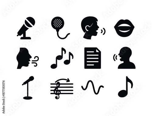 Vocal Icon Set. Vocal performance elements. Solid icon set of Vocal performance elements: vocal mic, pop filter, singer profile, mouth singing icon, breath