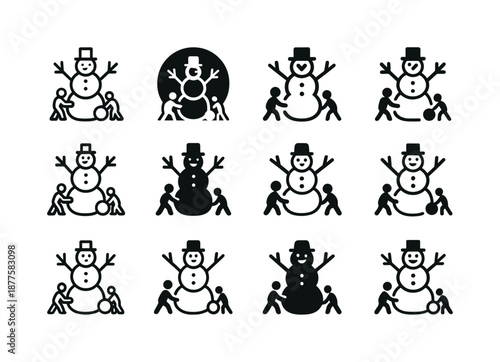 Snowman Contest Icons. Snowman-building contest and snow activities. Icon set. Set Logo of Snowman-building contest and snow activities: branch arms.