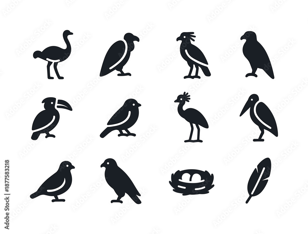Naklejka premium Savanna Bird Icons. Savanna Birds. Solid icon set of Savanna Birds: ostrich, vulture, secretary bird, eagle, hornbill, weaverbird, crowned crane, marabou