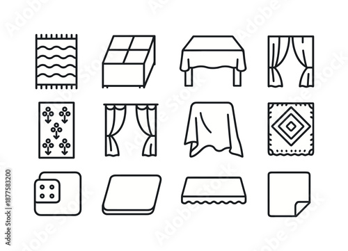 Surface Covering Icons. Surface coverings. Line icon set of Surface coverings: rug, carpet tile, tablecloth, floor mat, wallpaper panel, curtain, plastic