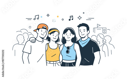 Festival Friends. Friends at music festival crowd. Small group standing close within a larger audience, calm smiles and relaxed body language. Sense of