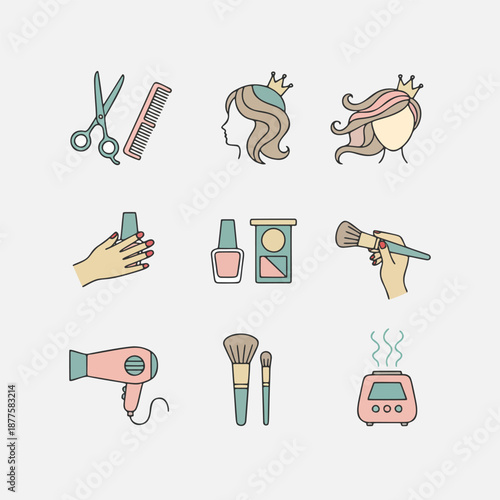 Charming vector beauty and cosmetic elements set featuring salon tools and makeup illustrations for wellness and fashion branding