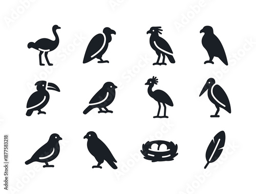 Savanna Bird Icons. Savanna Birds. Solid icon set of Savanna Birds: ostrich, vulture, secretary bird, eagle, hornbill, weaverbird, crowned crane, marabou