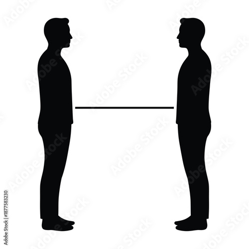 Two Silhouetted Figures Standing Opposite, Connected by a Single Horizontal Line — Symbolizing Balance, Division, Communication, or Tension Between Equals
