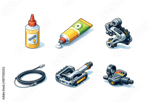 Bicycle Repair Icons. Lubrication & Adjustment. Isometric flat vector icons set of Fixing a Bicycle: chain oil bottle, grease tube, derailleur, brake cable,