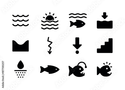 Ocean Layer Icons. Ocean layers. Solid icon set of Ocean layers: surface zone, sunlight zone, twilight zone, midnight zone, deep sea icon, ocean depth line,