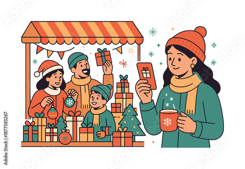 Family Christmas Shopping. Christmas shopping. A cheerful family browsing festive gifts together at a market stall with wrapped presents and ornaments around