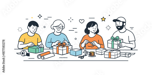 Gift Wrapping Collaboration. Community gift wrapping event. People working side by side at a table with boxes and paper, sense of cooperation and generosity.