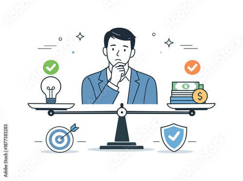 Professional Decision Evaluation. Decision making and evaluation. Professional comparing options with balanced icons and checkmarks, thoughtful and composed