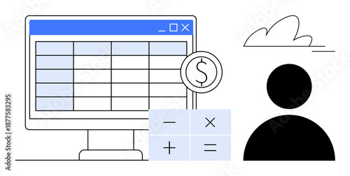 Financial planning, data analysis, budgeting, personal finance, accounting tools, economic forecasting. A computer screen showing a spreadsheet with math symbols and a dollar sign. Financial planning