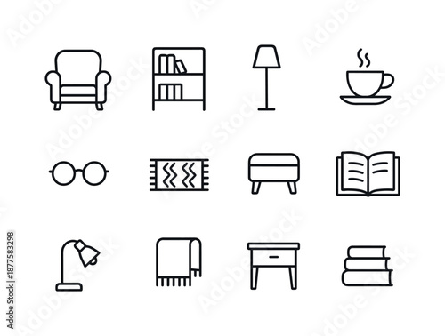 Reading Nook Essentials. Reading corner. Line icon set of Reading corner: armchair, bookshelf, floor lamp, cup of tea, glasses, rug, footrest, open book,