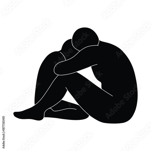 Silhouetted Figure in Deep Distress: Hunched, Head Buried in Knees, Evoking Loneliness, Grief, and Emotional Isolation