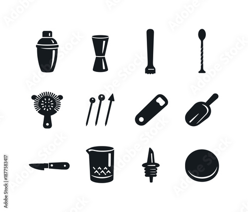 Bar Tools Icons. Bar essentials. Solid icon set of bar essentials: shaker, jigger, muddler, bar spoon, strainer, cocktail picks, bottle opener, ice scoop,