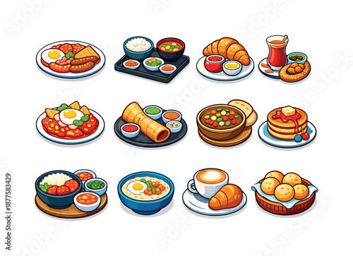 Global Breakfast Icons. trying global breakfast traditions. Colorful isometric vector icons set of trying global breakfast traditions: English breakfast plate,