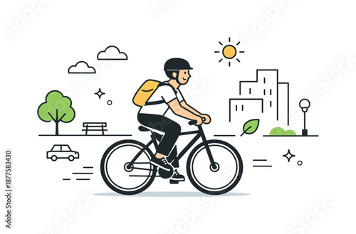 Urban Cyclist Journey. Bike riding city commute. Cyclist riding through a calm urban environment with minimal buildings and trees. Sustainable transport and